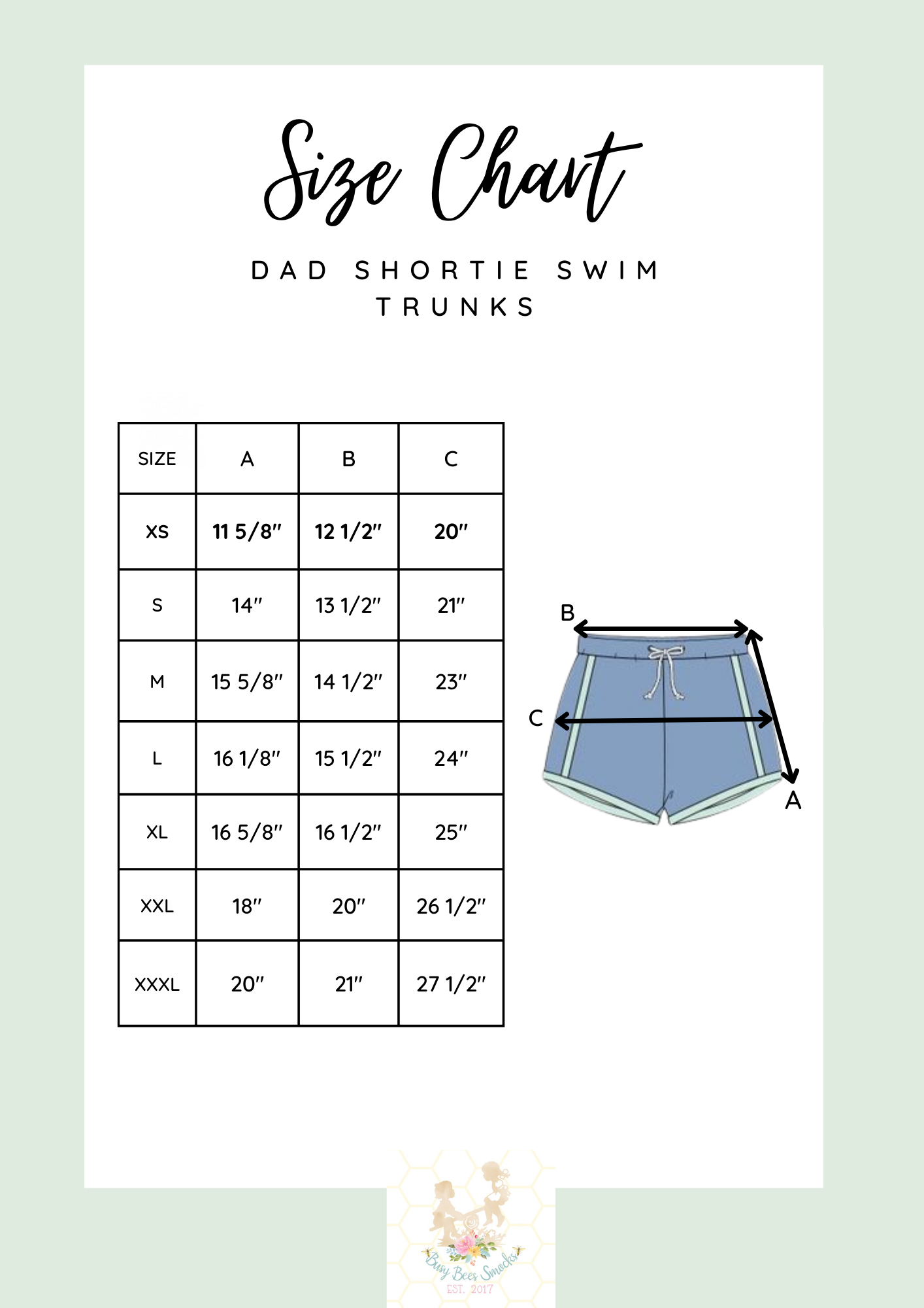 Dad Shortie Swim Shorts Size Chart