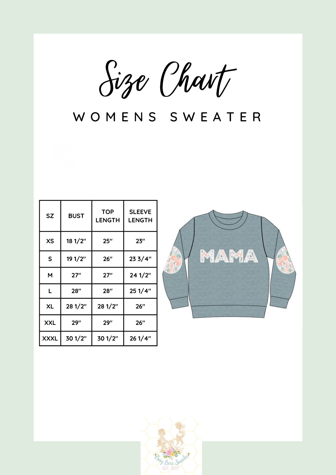 Mom Sweater / Pullover Size Chart