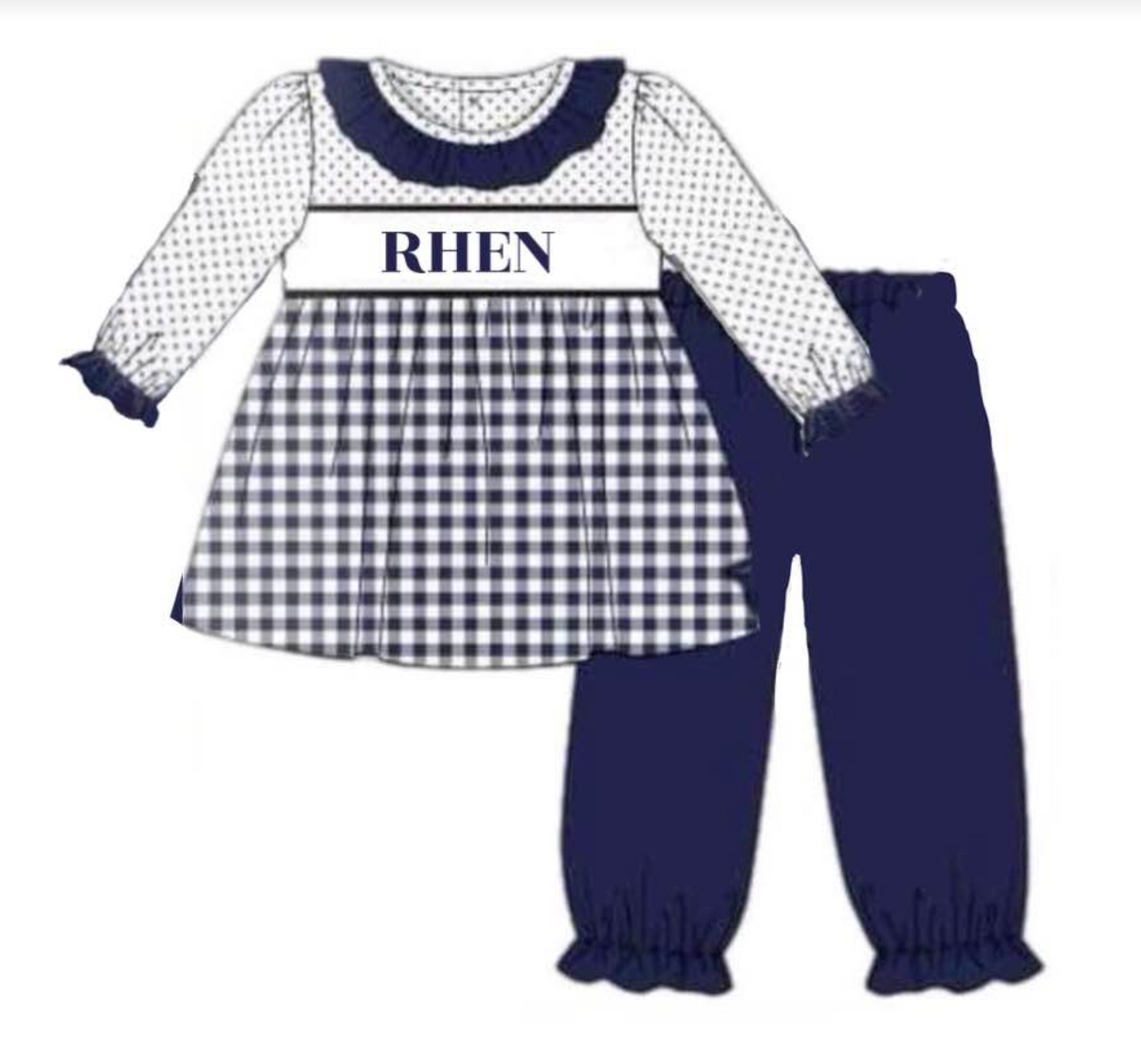 RTS: Navy Name Smocks- Girls Knit Bubble Pant Set 3T "RHEN"