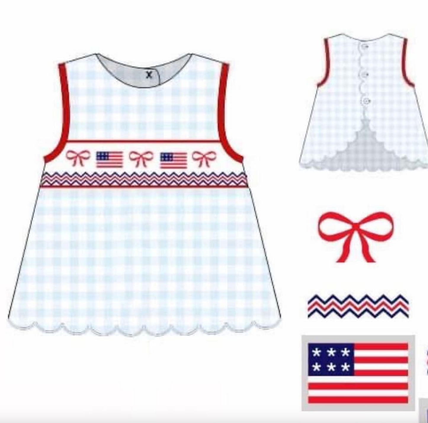 RTS: Light Blue Gingham Flags & Bows- Girl Smocked Shirt