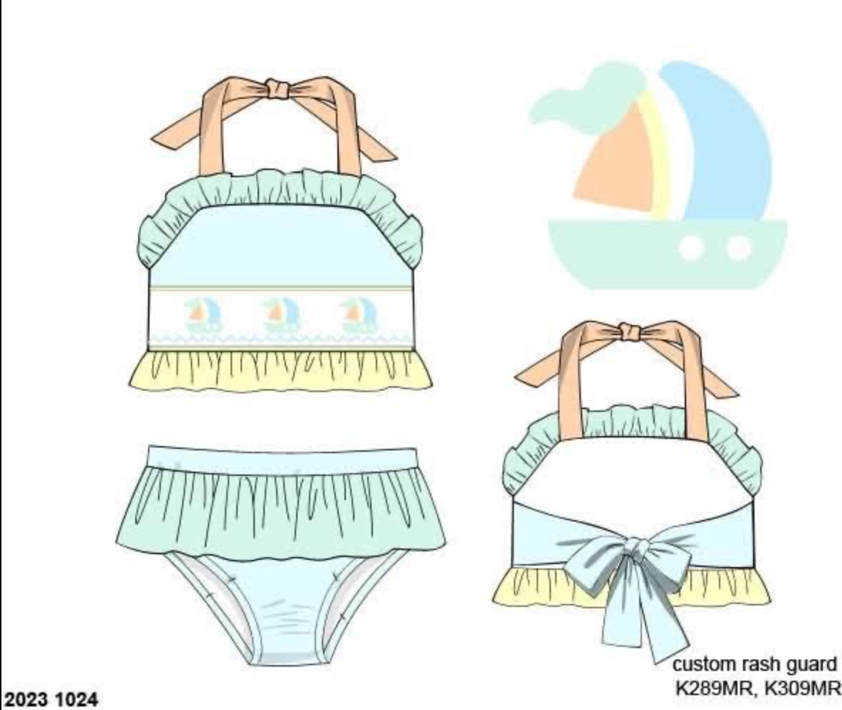 RTS: Sellers Sailboats- Girls 2pc Smocked Tie Rash Guard Swim