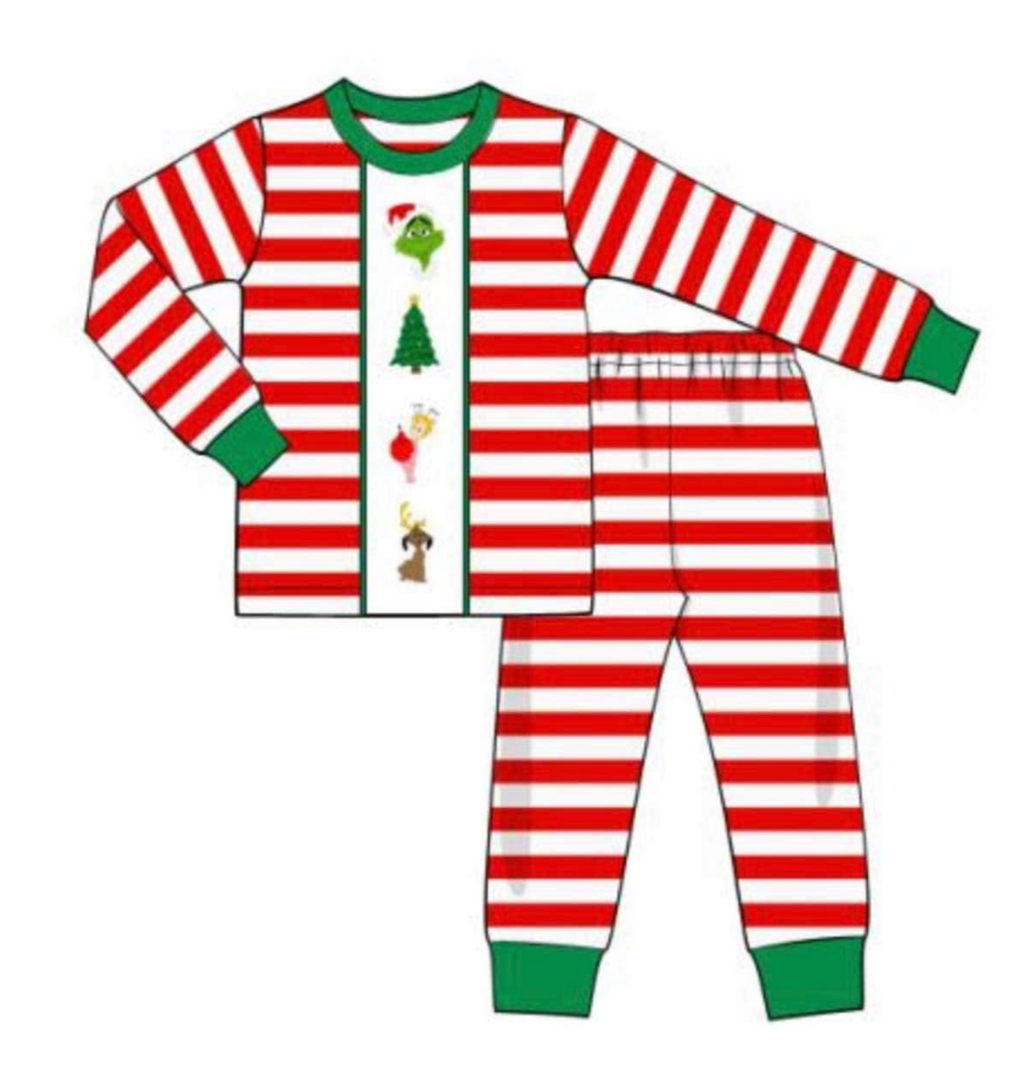 RTS: Mean Face- Boys Red Stripe Embroidered Knit Pjs