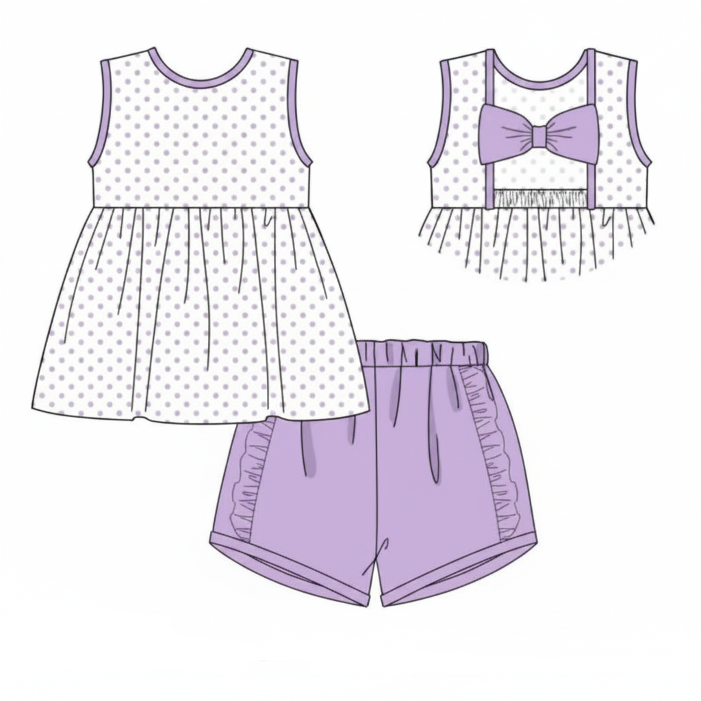 RTS: Simple Knit Sets- Girls Purple Dots Shortie Set