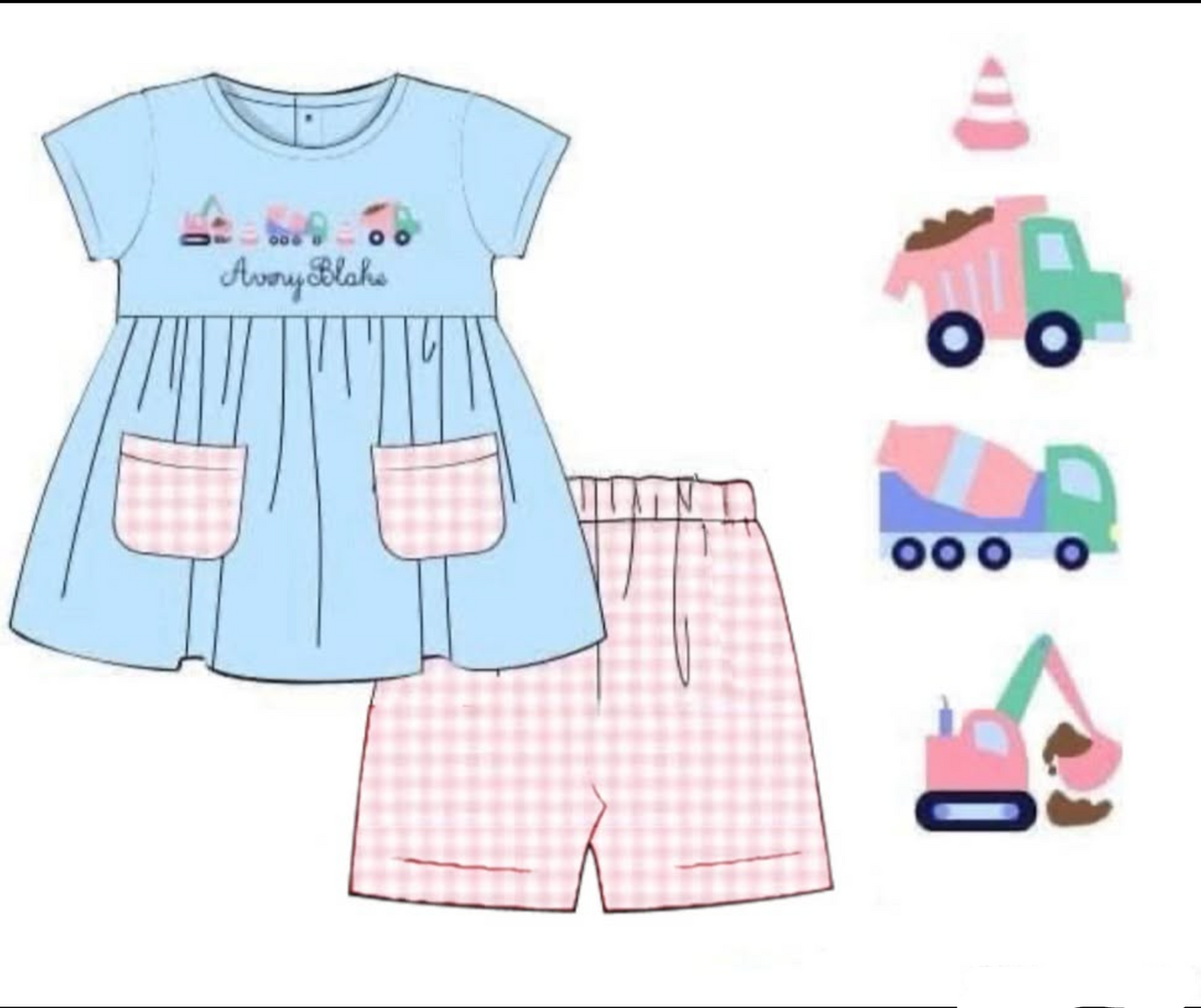 RTS: Embroidered Construction- Girls Knit Biker Short Set