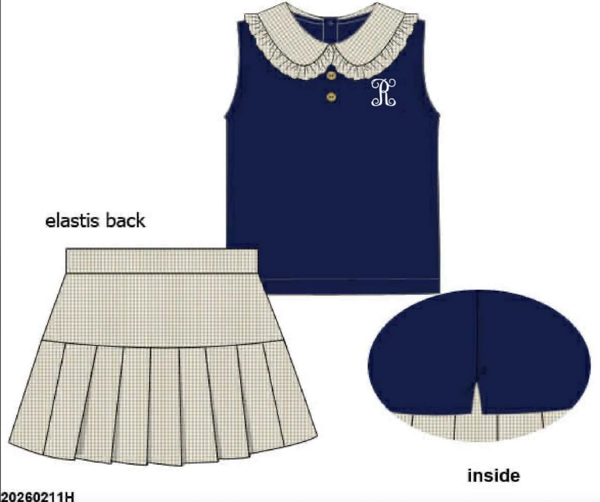 RTS: Navy & Tan Gingham- Girls Woven Skort Set "R"