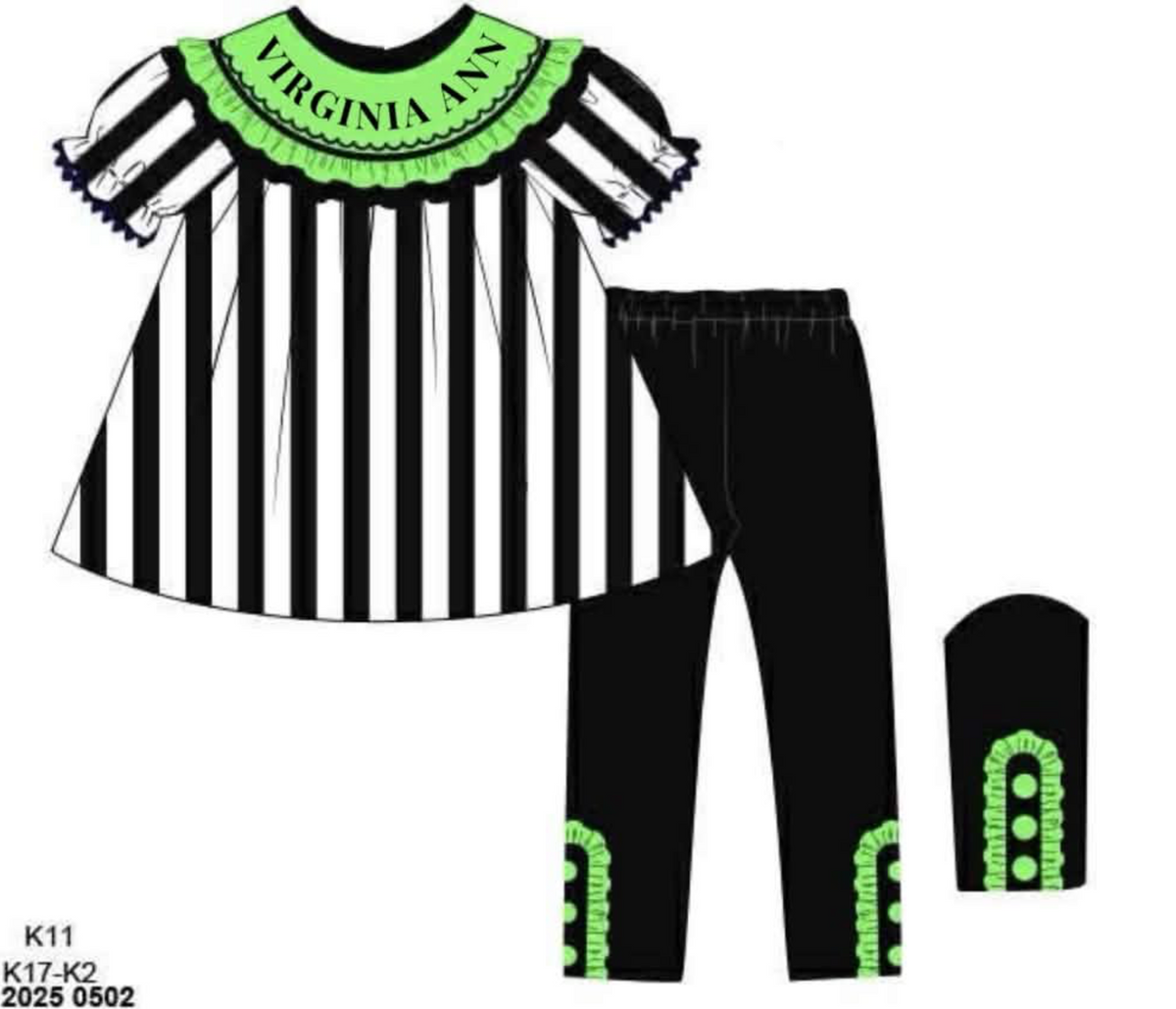 RTS: Halloween Name Smocks- Showtime Girls Knit Legging Set "VIRGINIA ANN"