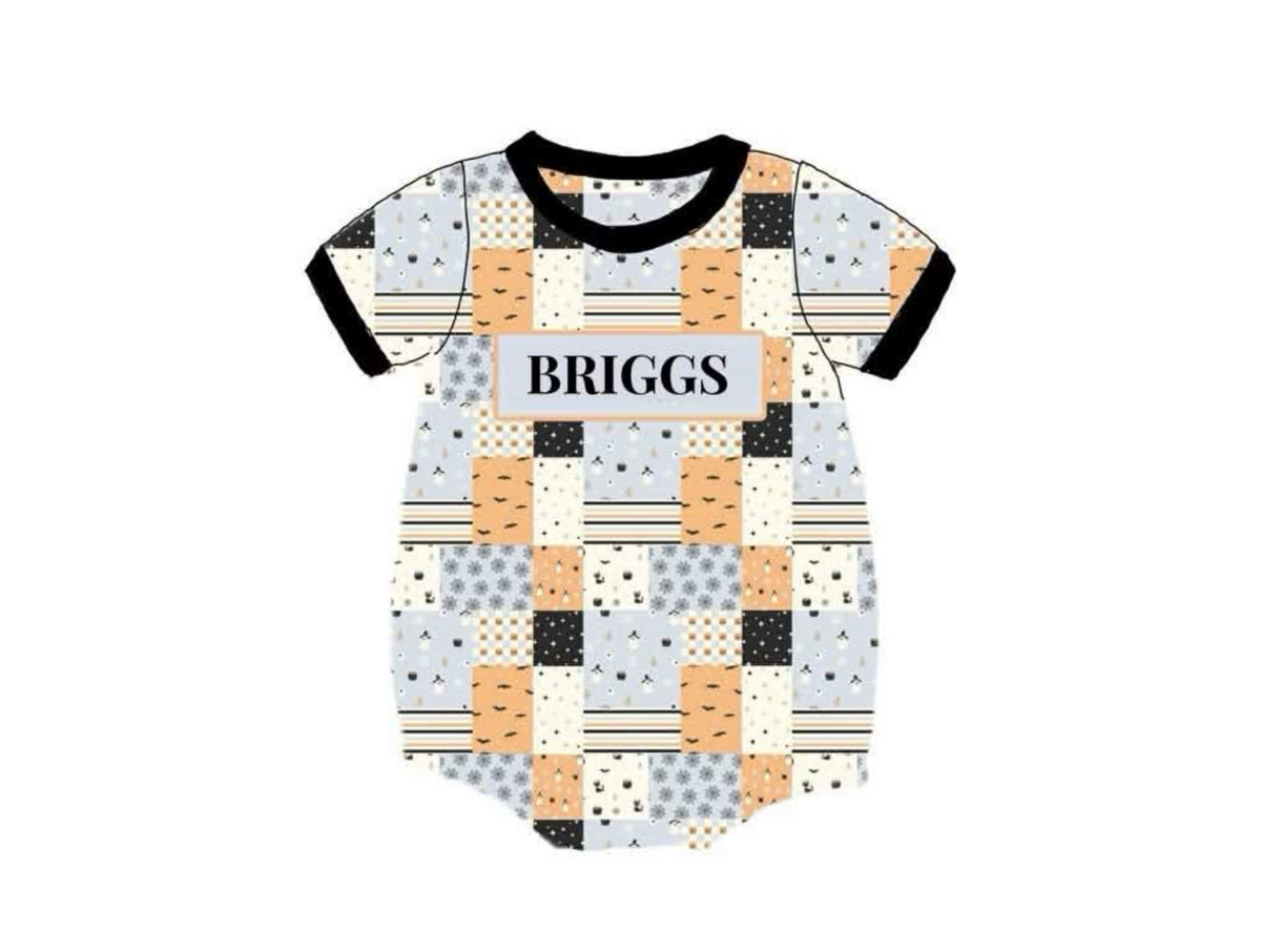 RTS: Spooky Patchwork- Boys Knit Name Smock Bubble "BRIGGS"