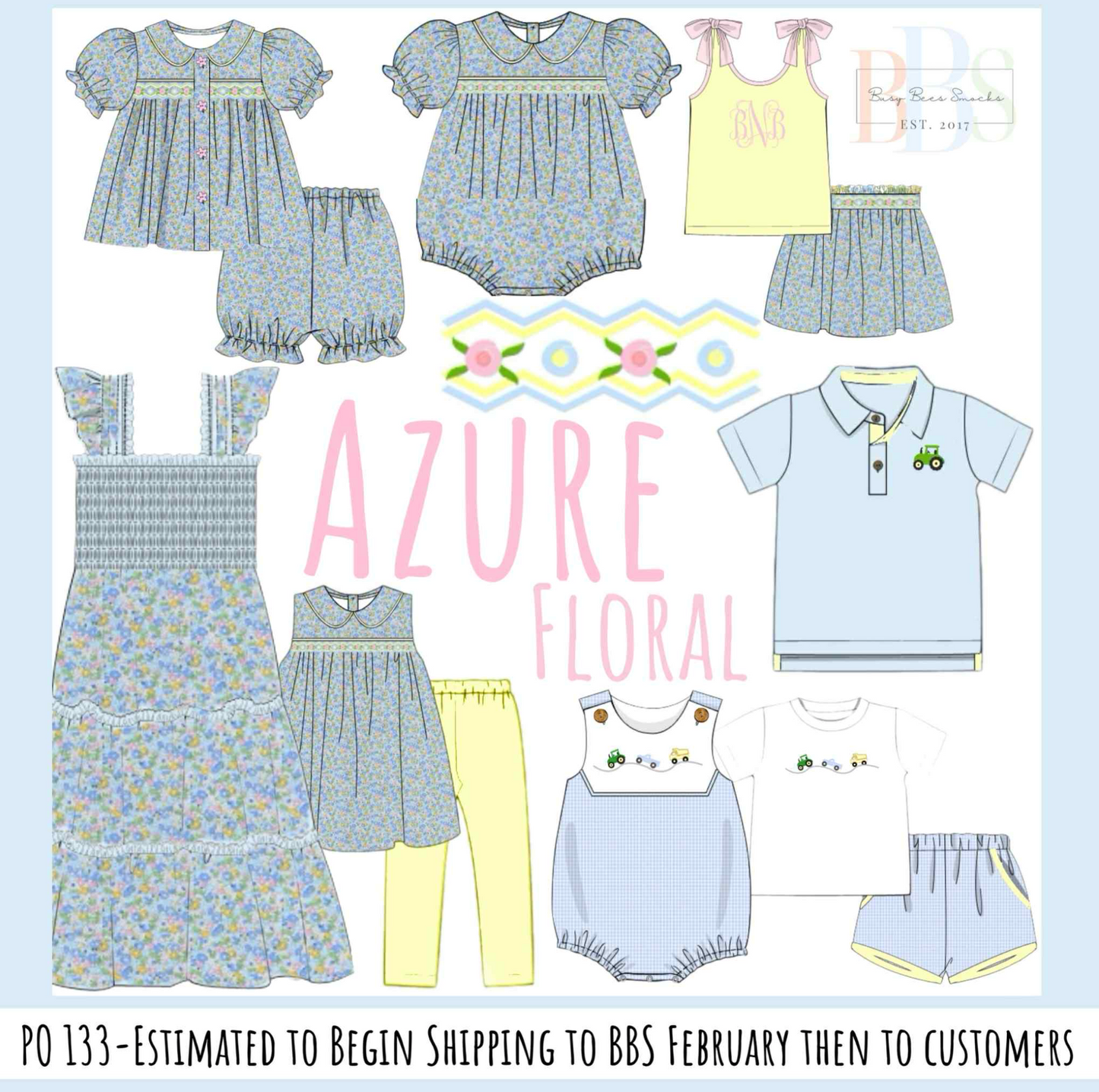 Pre Order 133: Azure Floral- Boys Tractor Shortie Set