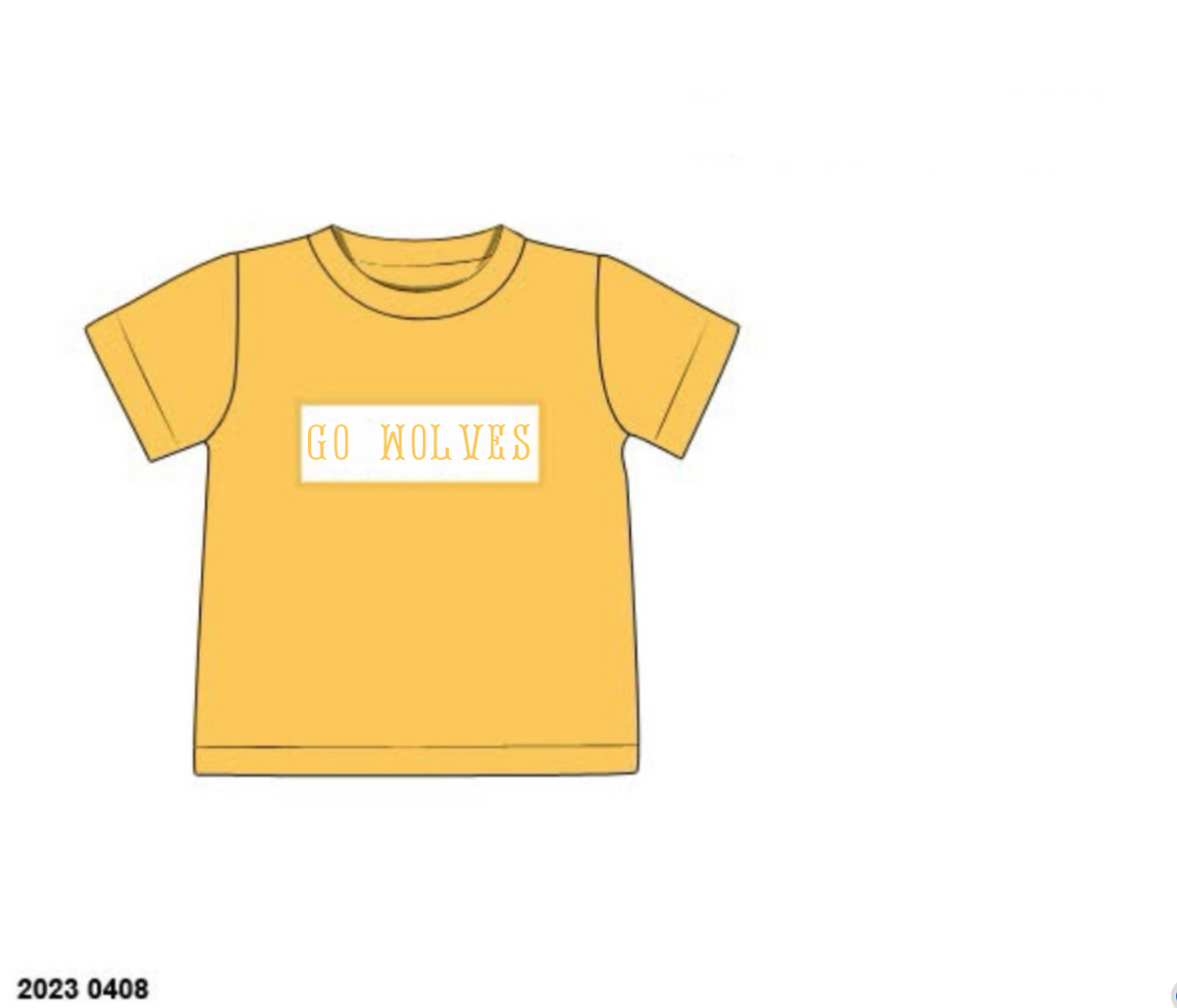 RTS: Boys Knit Name Smock Shirt- Gold “GO WOLVES”