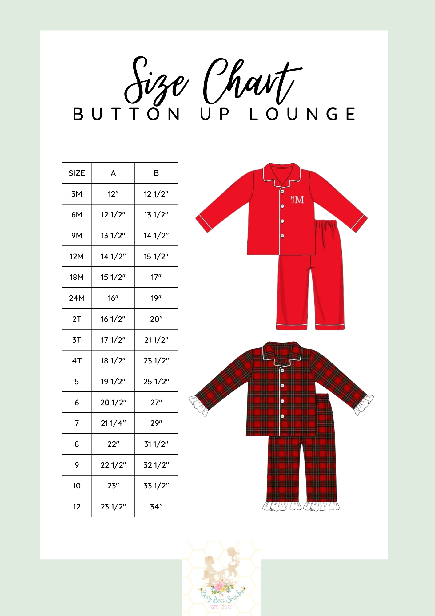 Button Up Lounge Set Size Chart