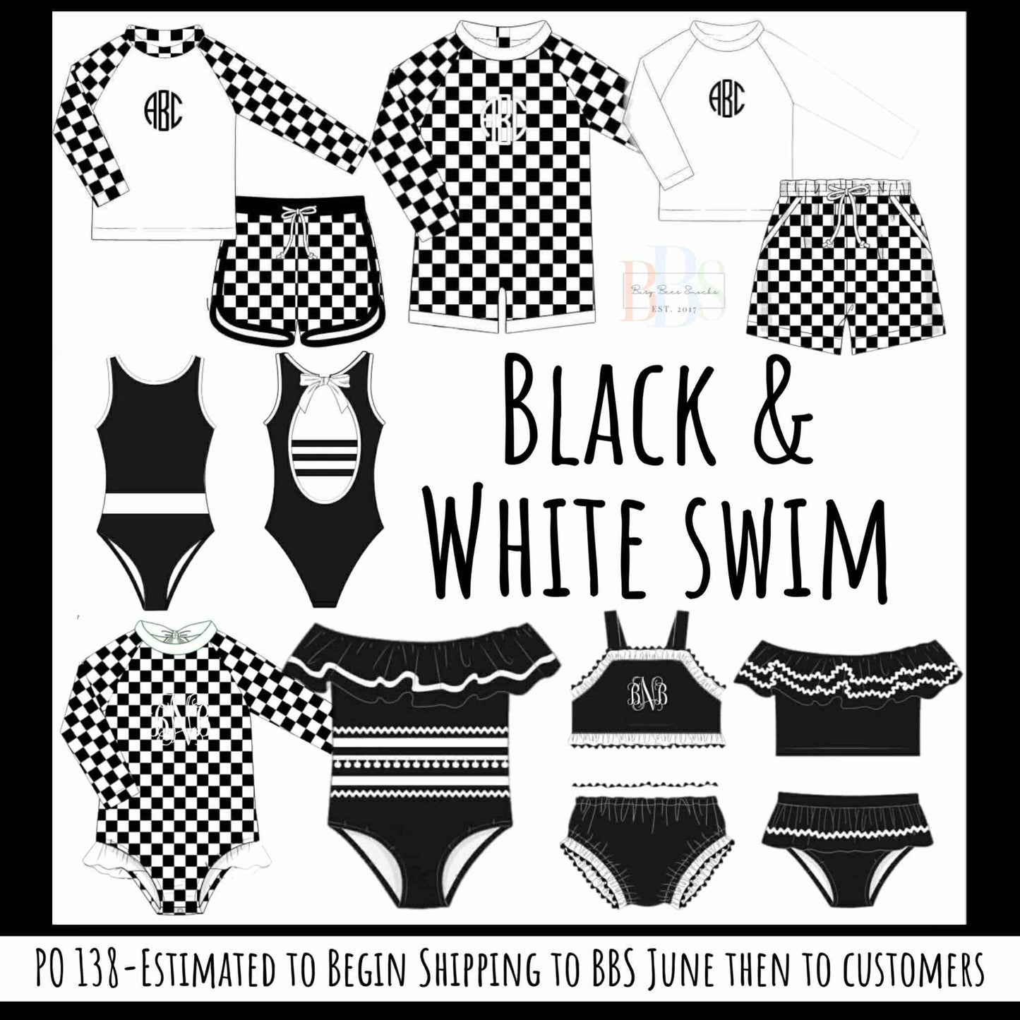 Pre Order 138: Black & White Swim- Girls 2pc Ruffle Swim