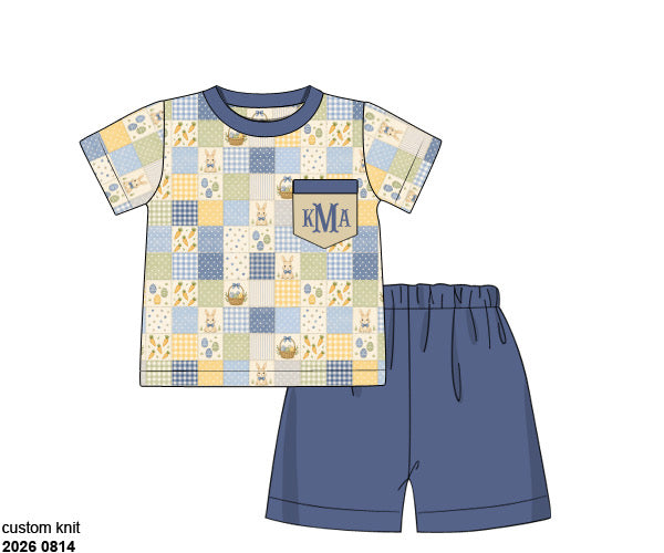 Pre Order 148: Bunny Patchwork- Boys Knit Traditional Short Set