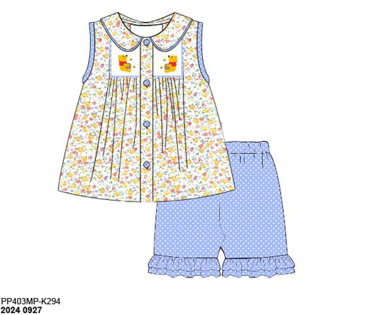 Pre Order 135: Honey Bear- Girls Smocked Short Set