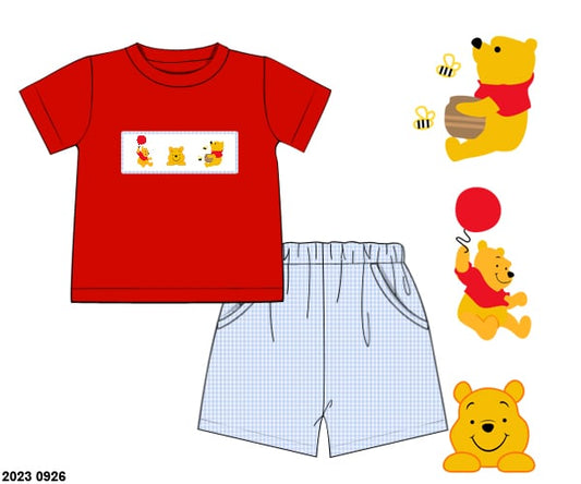 Pre Order 135: Honey Bear- Boys Smocked Angled Short Set