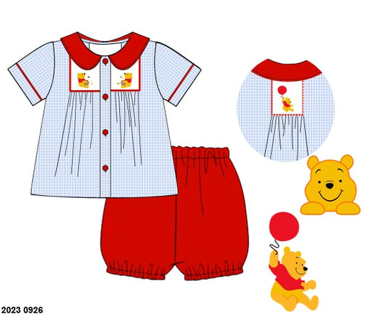 Pre Order 135: Honey Bear- Boys Smocked Bubble Short Set