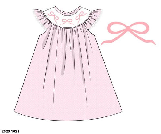 Pre Order 135: Girls Only- Pink Bow Smocked Bishop Dress