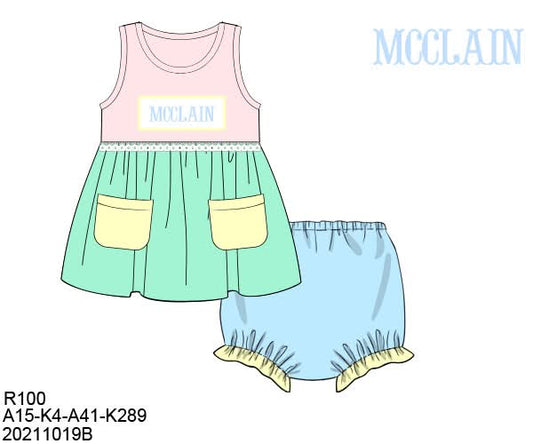 Pre Order 135: Sellers Colorblock- Girls Name Smock Bloomer Set