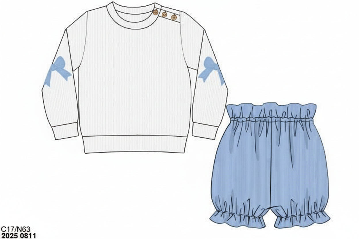 RTS: Elbow Patches- Girls Blue Bow Bubble Short Set