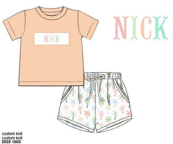 Pre Order 135: Pastel Palms- Boys Knit Name Smock Shortie Set