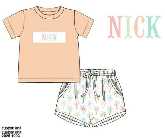 Pre Order 135: Pastel Palms- Boys Knit Name Smock Shortie Set