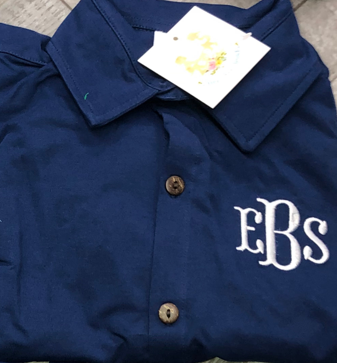 RTS: Boys Navy & Tan Stripes Button Up Shirt “EBS” “DBL”