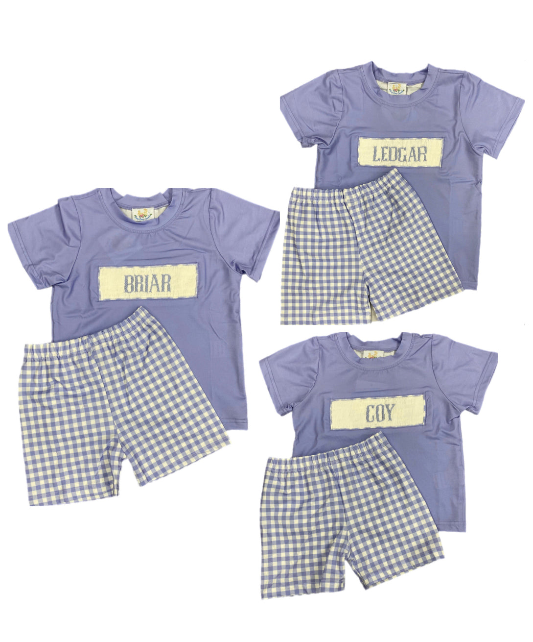 RTS: Defect-Boys Periwinkle Gingham Name Smock Knit Short Set “Coy” “Briar” “Ledgar”
