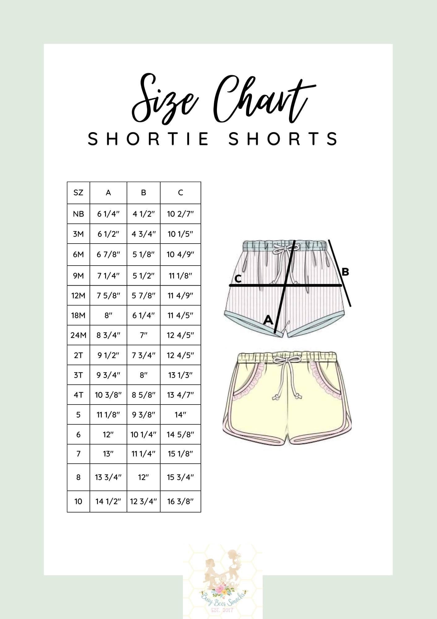 Shortie Shorts Size Chart