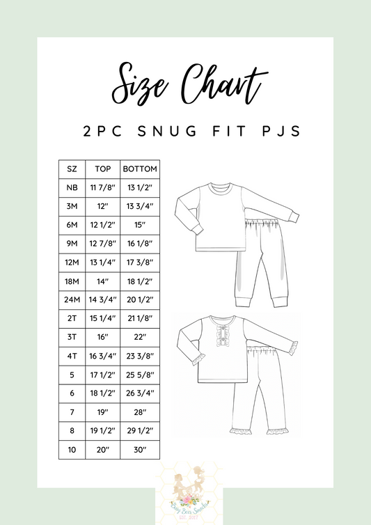 Snug Fit 2pc Pajamas Size Chart