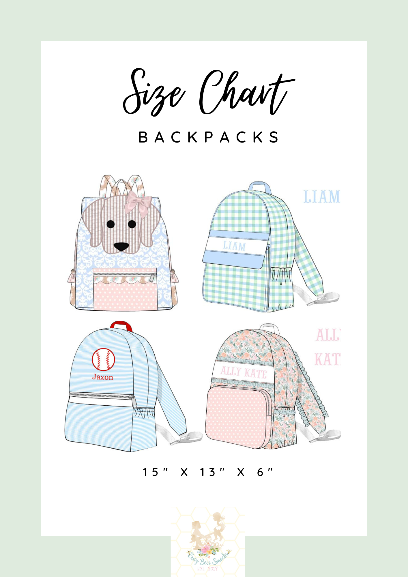 Backpack Size Chart Busy Bee Smocks