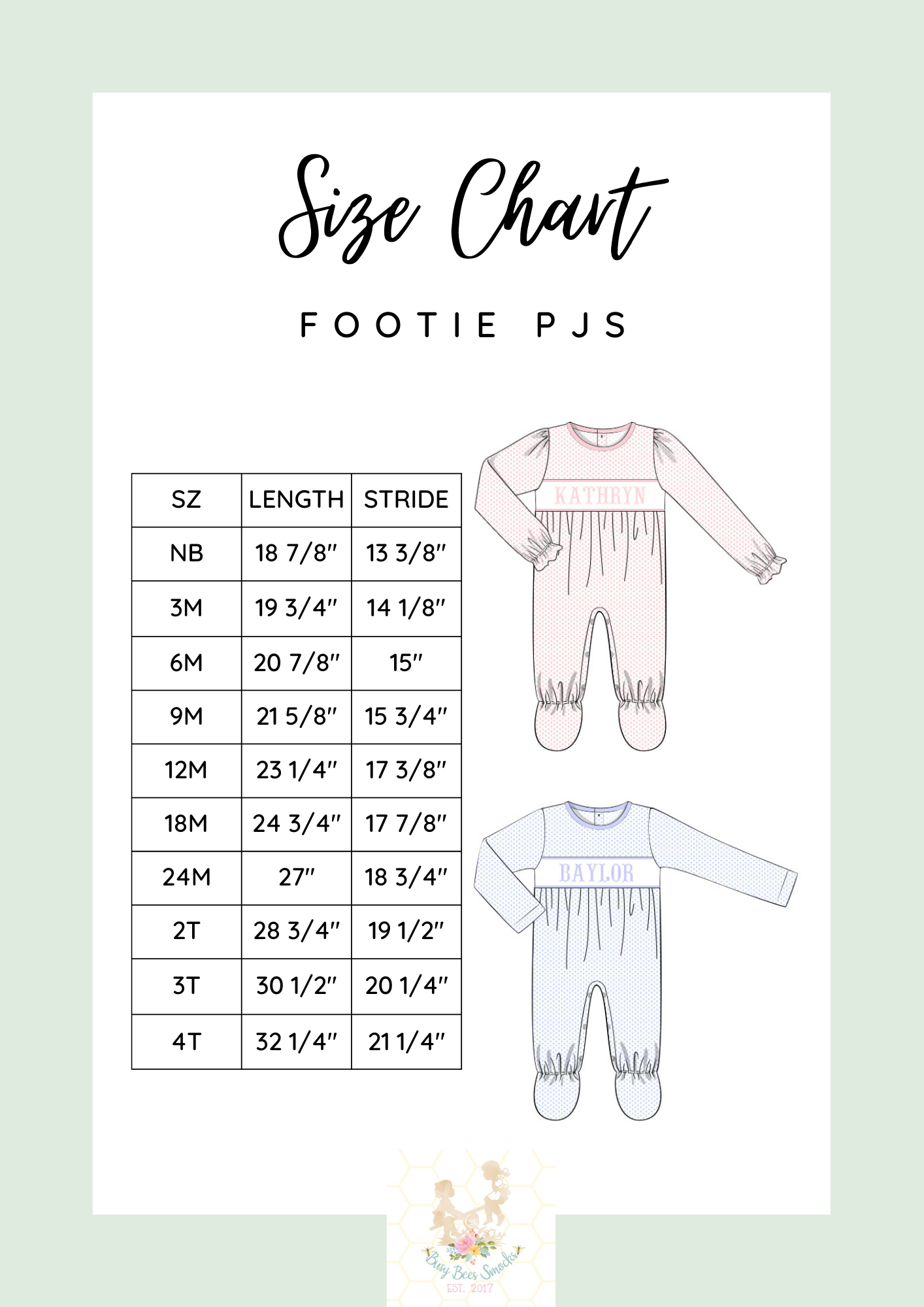 Footie Pajamas Size Chart