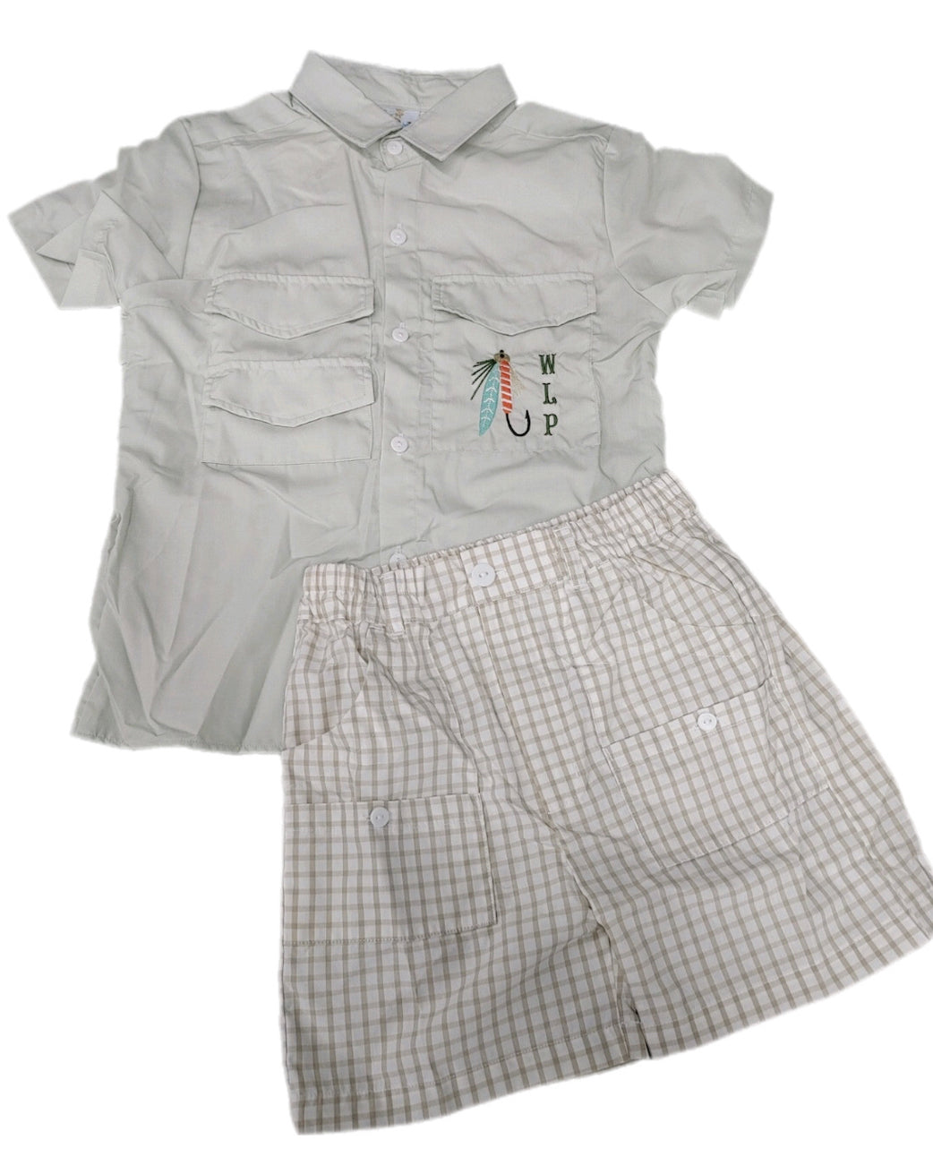 RTS: Boys Embroidered Fishing Lure Button Up Short Set WLP