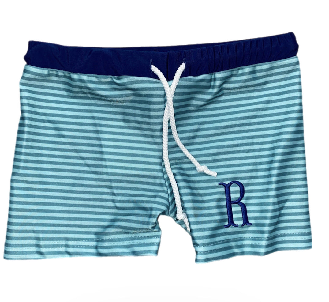 RTS: Boys Navy & Green Stripe Rash Guard Swim Shorts “R” – Busy Bee Smocks!