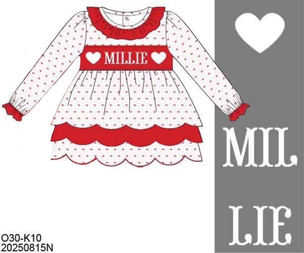 Pre Order 146: Valentines- Girls Red Swiss Dot Name Smock Shirt