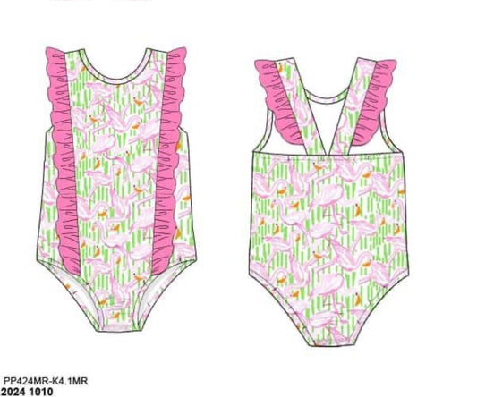 RTS: Flamingo Tropics- Girls 1pc Sleeveless Rash Guard Swim