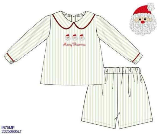 RTS: French Knot Santa- Boys Woven Short Set "Merry Christmas"