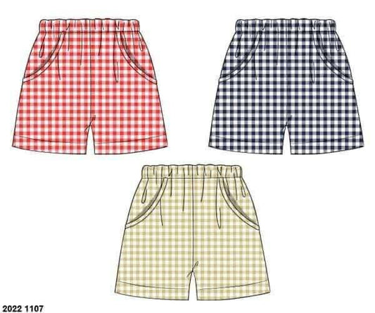 Pre Order 136: 3pc Bottom Packs- Boys Tan, Red, and Navy Gingham Traditional Shorts