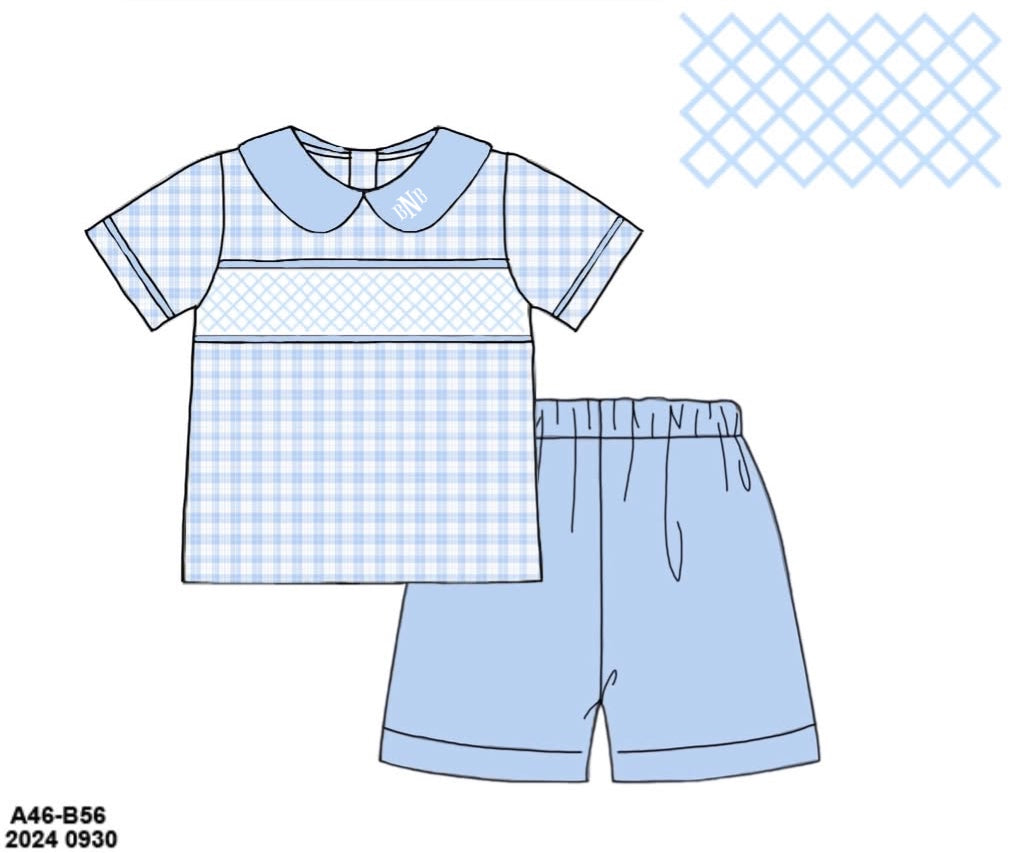 Pre Order 148: Pink Sellers Heirloom- Boys Geometric Smocked Woven Short Set