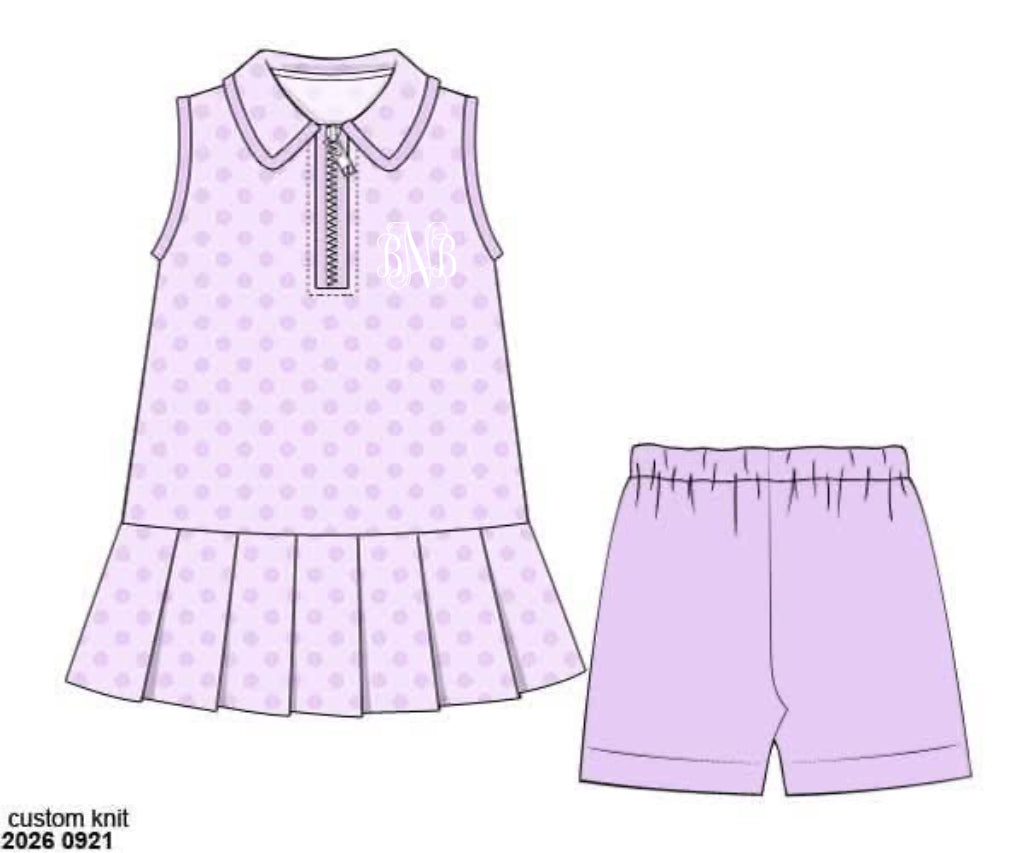Pre Order 151: Athletic Sets & Polos- Girls Purple Polka Dot 2pc Set