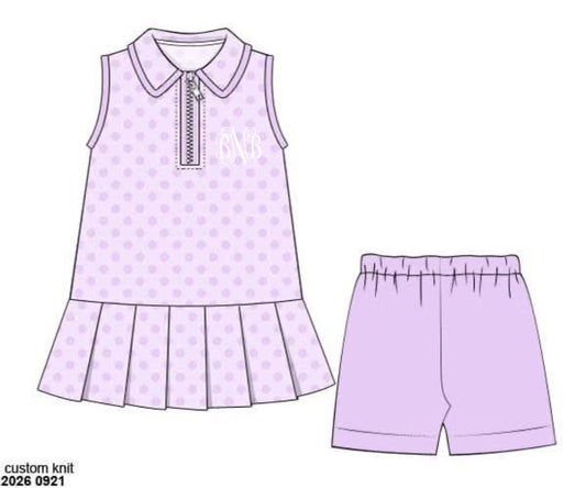 Pre Order 151: Athletic Sets & Polos- Girls Purple Polka Dot 2pc Set