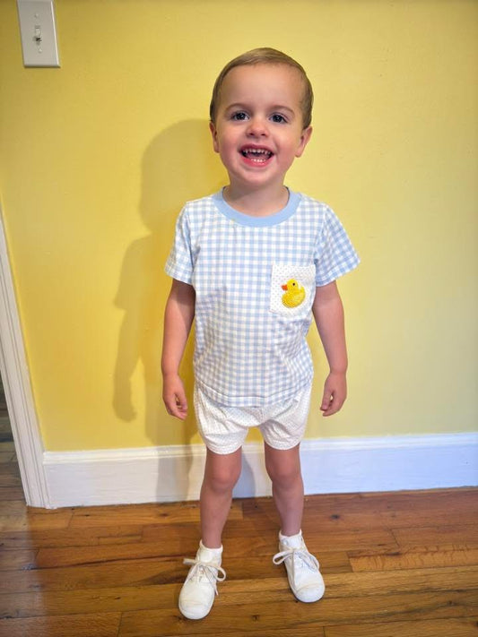 RTS: French Knot Rubber Duckies- Boys Knit Angled Short Set