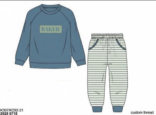 RTS: Boys Name Smock Blue Stone Jogger Set "Baker"