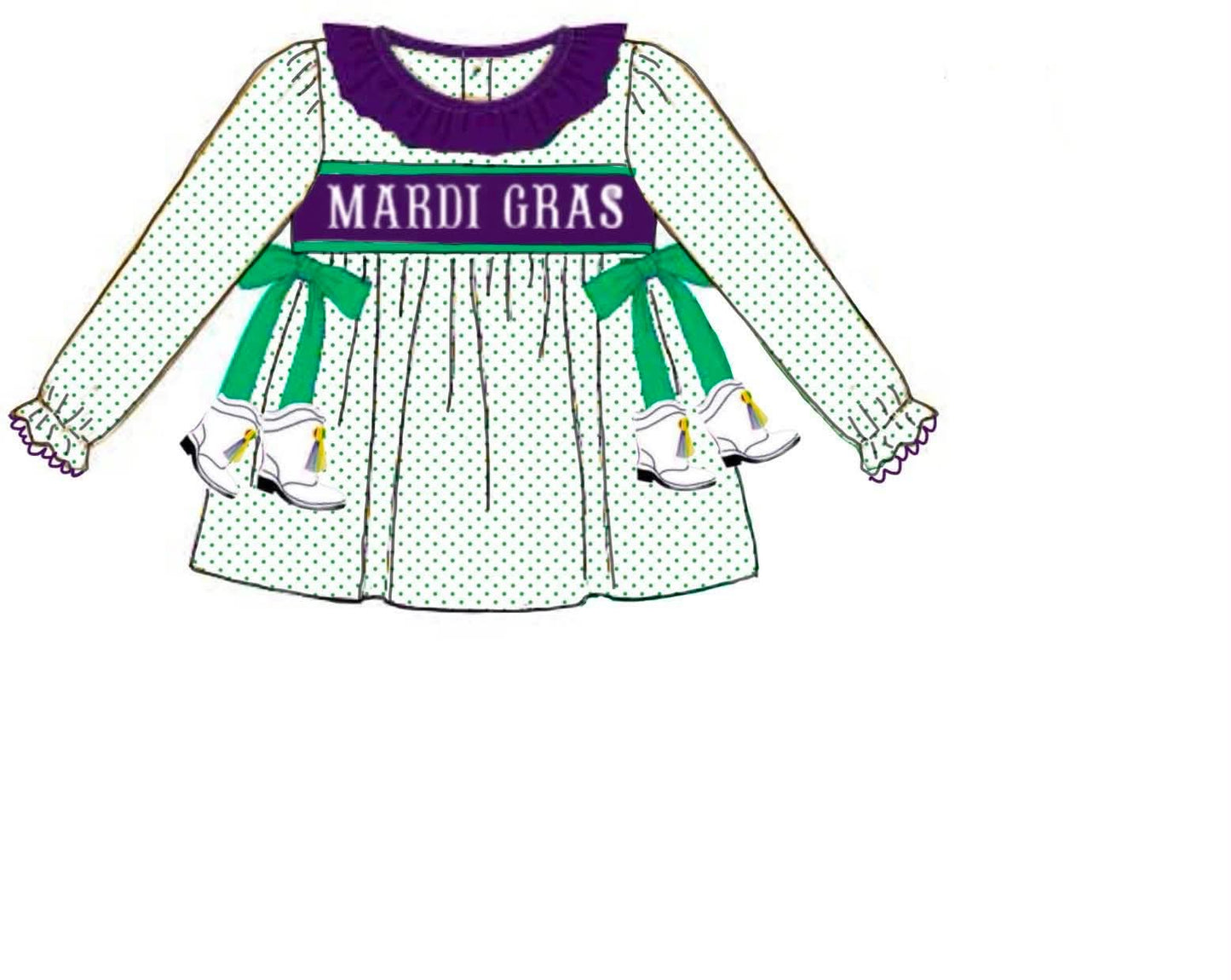Pre Order 146: Mardi Party- Girls Marching Boots Name Smock Knit Shirt