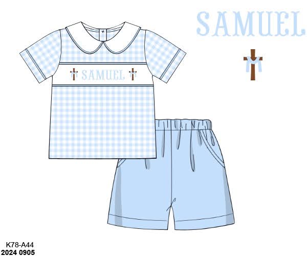 Pre Order 148: Cross Name Smocks- Boys Knit Short Set