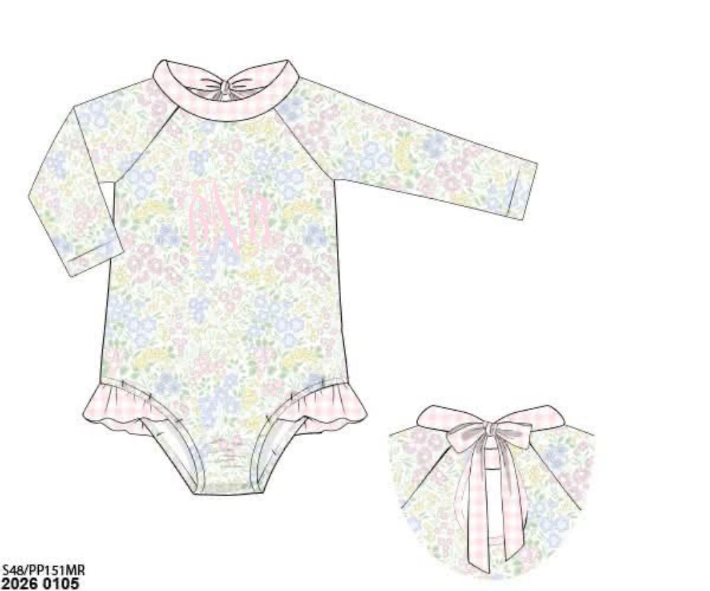 Pre Order 148: Izzy Floral & Blue Gingham- Girls 1pc Rashguard Swim