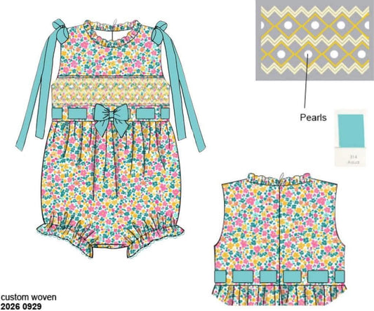 Pre Order 151: Tipton Teal- Girls Smocked Woven Bubble