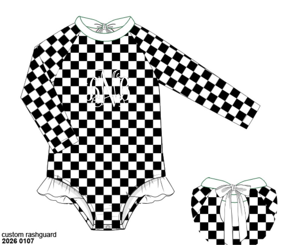 Pre Order 138: Black & White Swim- Girls 1pc Long Sleeve Swim