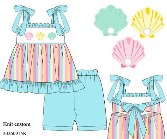 Pre Order 150: Shells & Stripes-Girls Smocked Biker Short Set
