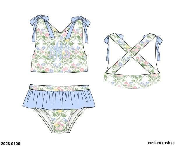 Pre Order 138: Mary-Keene Floral & Stripe- Girls 2pc Rash Guard Swim