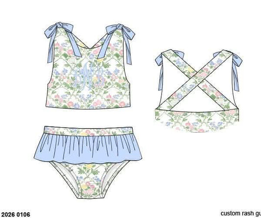 Pre Order 138: Mary-Keene Floral & Stripe- Girls 2pc Rash Guard Swim