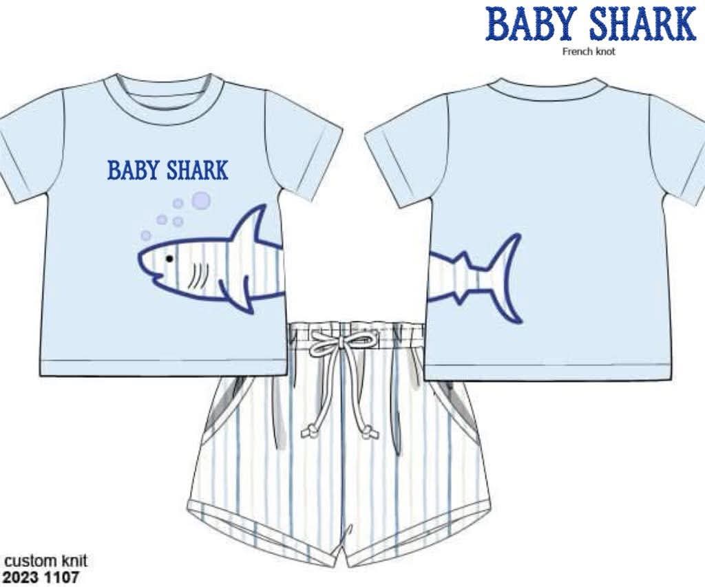 Pre Order 152: Baby Shark- Boys Knit Appliqué Shortie Set